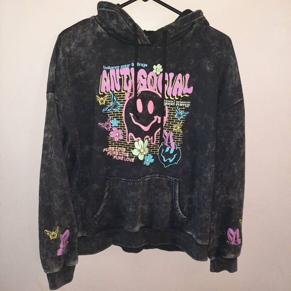 Antisocial Smiley Acid Wash Hoodie - Picture 1 of 3
